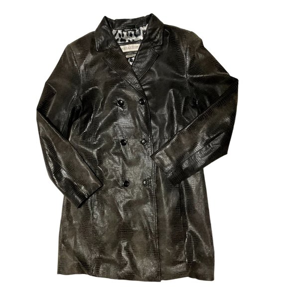 BLACK LEATHER JACKET SZ M LEOPARD LINED DOUBLE BREASTED VALERIE STEVENS WOMENS - Picture 1 of 5